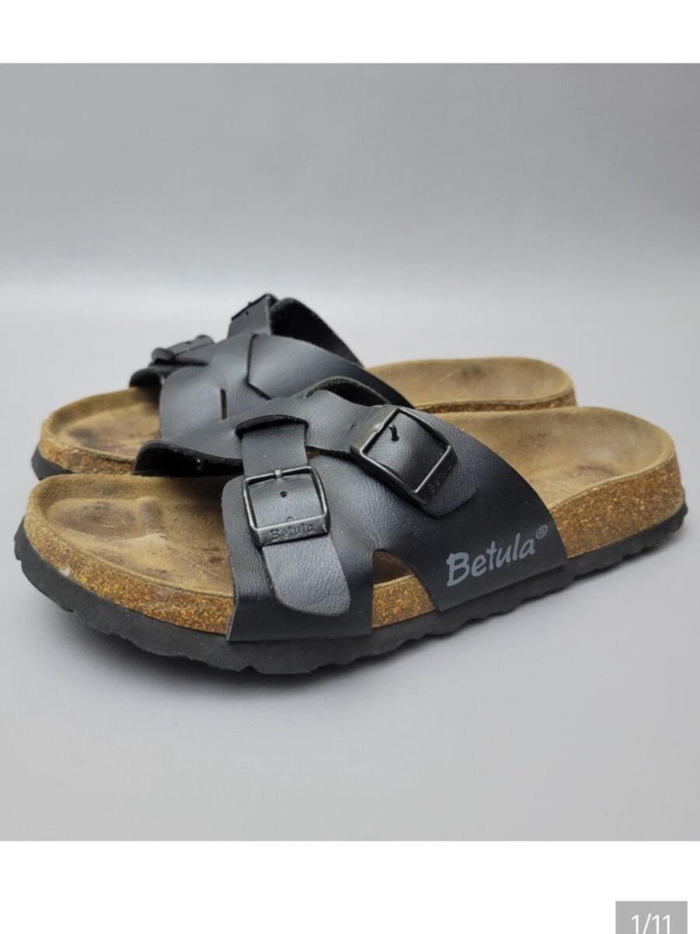 Betula by Birkenstock Black Double Buckle Cork Footbed Sandals